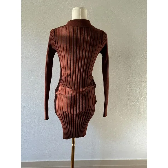 Tularosa Brown Ribbed Knit Mini Dress sz SM Long Sleeve Collared Fitted Bodycon - Picture 2 of 10